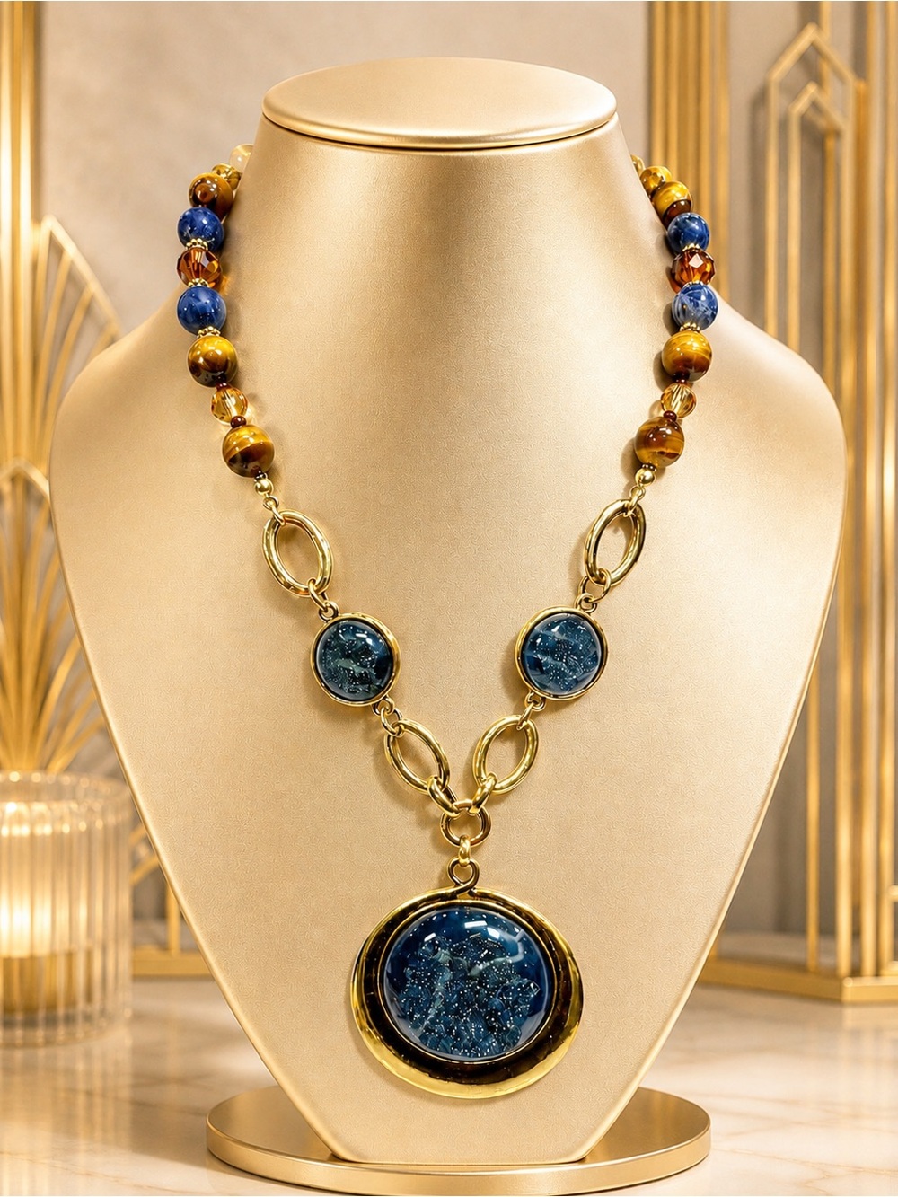 🆕😍Elegant Blue and Gold Statement Necklace